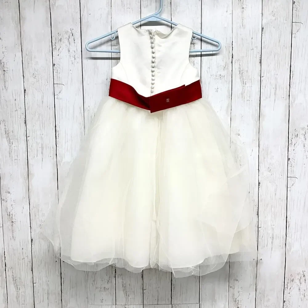 David's Bridal Dress Girls Size 2T Ivory Formal Flower Girl Red Sash Tulle Skirt - Picture 3 of 5